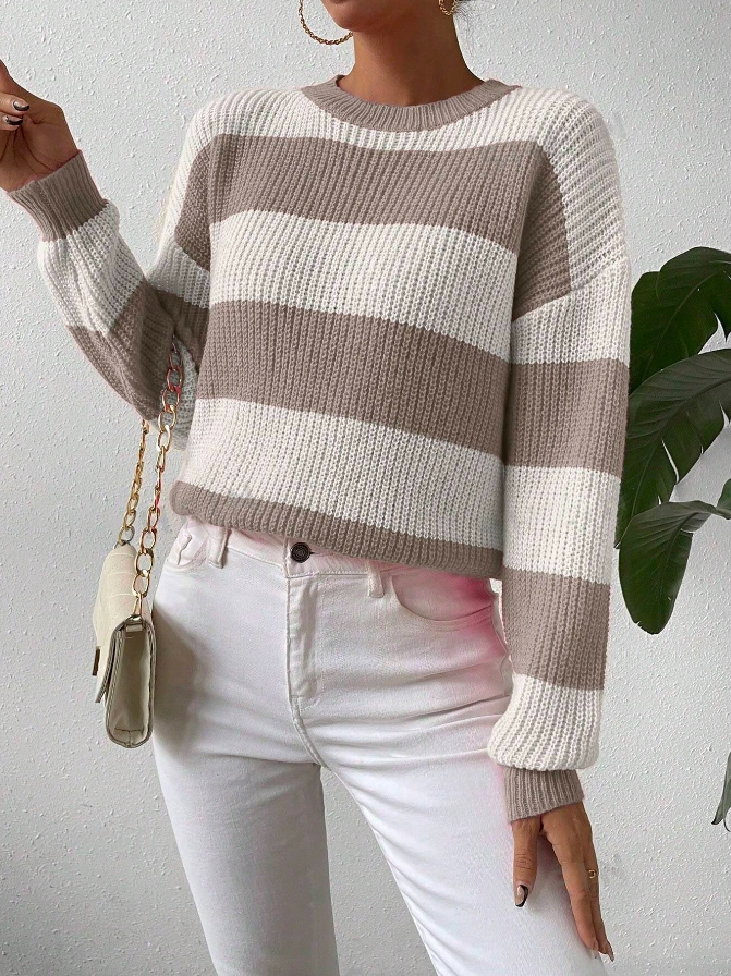 White/Beige Striped Women's Sweater